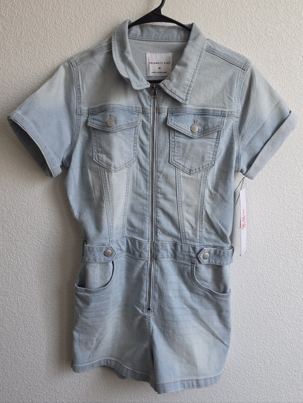 Celebrity Pink Light Denim Zip Front Romper